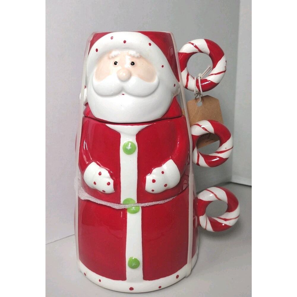 NEW~Set Of 3 Stacking Santa Holiday Mugs